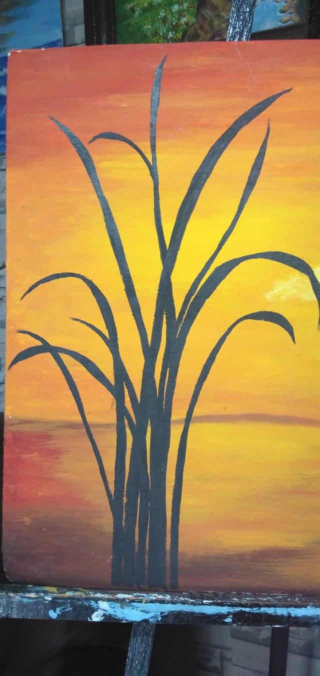Golden sunset landscape acrylic painting on a mini canvas with an