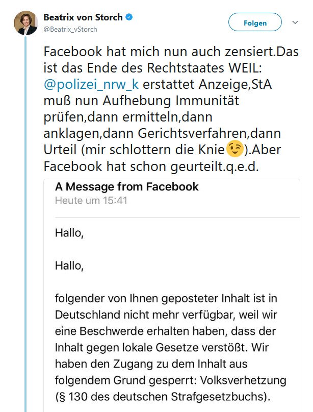 Beatrix von Storch auf Twitter   Facebook hat mich nun auch zensiert.Das ist das Ende des Rechtstaates WEIL   polizei_nrw_k erstattet Anzeige StA muß nun Aufhebung Immunität… https   t.co 3uaDuFVBmc .jpg