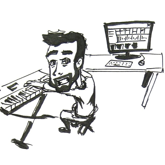 That's me. Sitting at a keyboard, pretending to play. But actually just posing for the image to be drawn. In my head. By me. 