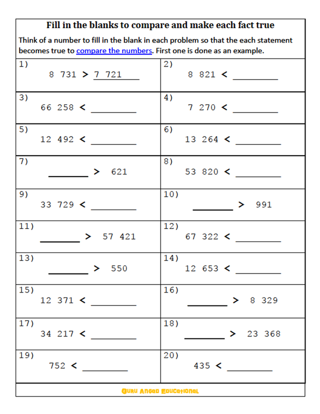 Comparing Numbers Up To 100 000 Worksheets