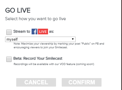 this is how u go live you can stream it on your facebook page or your profile or you can do record and send it to smiletime at creator@smiletime.com and they will give you mp4.png