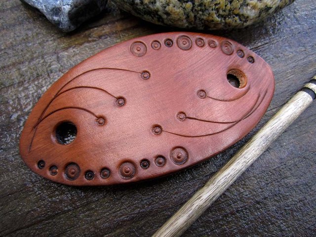 Abstract Leather Barrette with Wooden Stick Tooled 1b.jpg