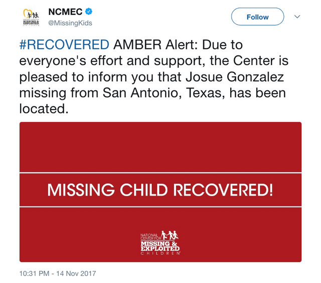 NCMEC on Twitter    RECOVERED AMBER Alert  Due to everyone s effort and support  the Center is pleased to inform you that Josue Gonzalez missing from San Anton… https   t.co uoThSpUhzY .png