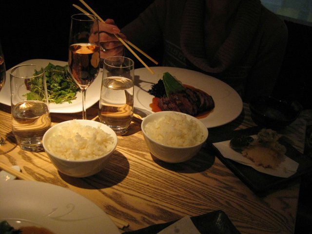 Main dishes! Beef steak with teriyaki and green pepper. Salad and rice, and tempured vegetables_jpg.jpg