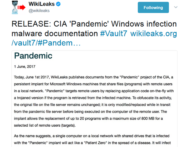 WikiLeaks on Twitter   RELEASE  CIA  Pandemic  Windows infection malware documentation  Vault7 https   t.co YfxAKT1pog https   t.co HhmmvUBupi .png