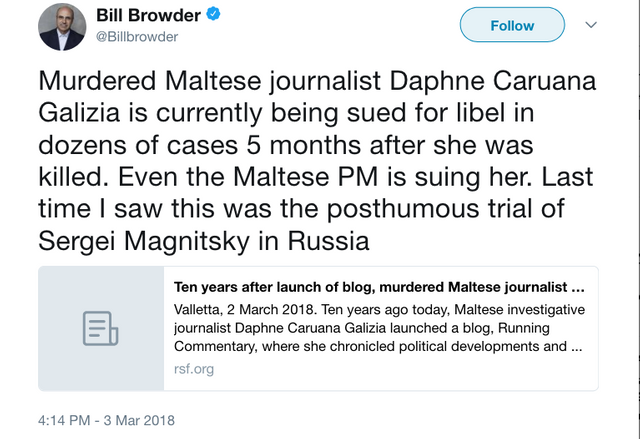 Bill Browder on Twitter   Murdered Maltese journalist Daphne Caruana Galizia is currently being sued for libel in dozens of cases 5 months after she was killed. Even the Maltese PM is suing her. Last time I saw this was.png