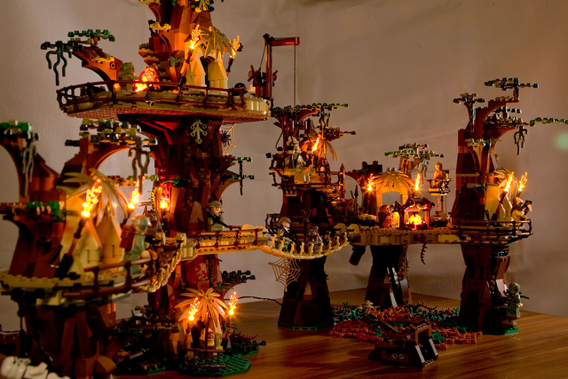 LEGO modded 10236 Ewok Village with LED lit flames and fires - scenic shot