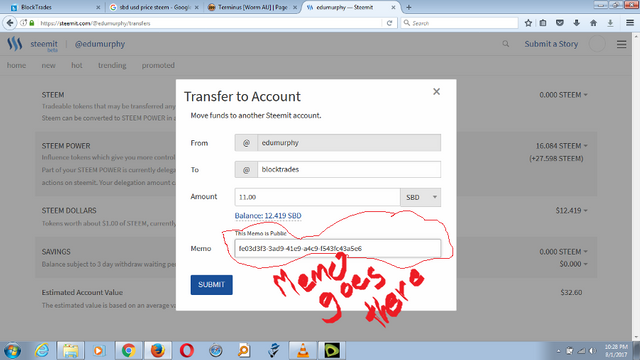 edumurphy - Steemit Cashout Screen - Plus Blocktrades Memo.png