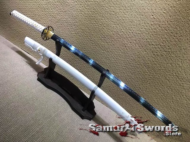 Battle Ready Katana Sword T10 Clay Tempered Steel Blue Acid Dye with White Saya.jpg