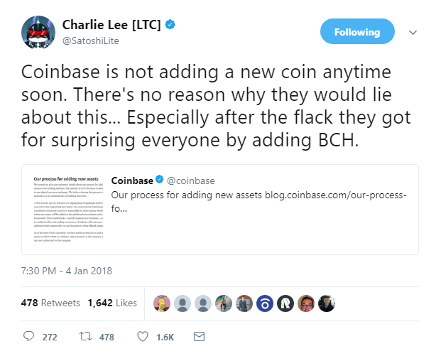 Charlie Lee  LTC  on Twitter   Coinbase is not adding a new coin anytime soon  There s no reason why they would lie about this    Especially after the flack they got for s… https   t co QdaGcLuMlD .png