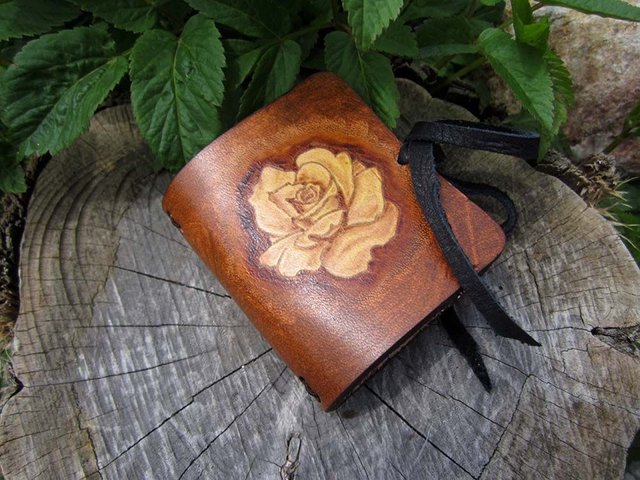 Rose Pyrography and Dye Mini Leather Travelers Notebook 2d.jpg