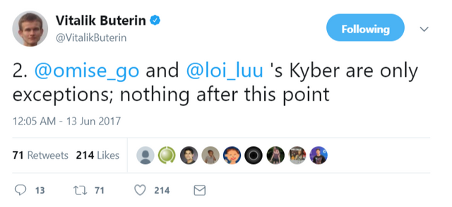 Vitalik Buterin on Twitter   2   omise_go and  loi_luu  s Kyber are only exceptions  nothing after this point .png