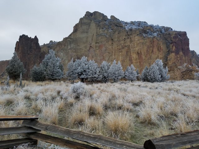 Front view of Smith Rock. Icy hike up to the top.