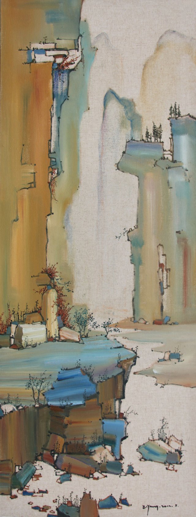 8作品名：《青绿山水系列三》画种：油画 尺寸：45x120cm.JPG