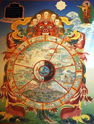 362px-Traditional_bhavachakra_wall_mural_of_Yama_holding_the_wheel_of_life_Buddha_pointing_the_way_out240ac.jpg