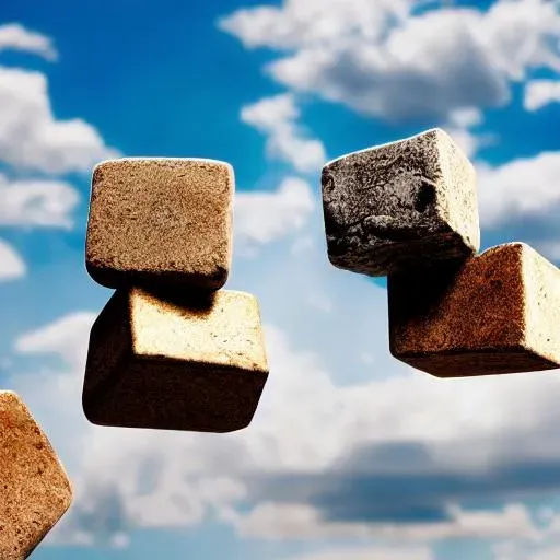 AI generated image of stone cubes among clouds, a reference to “clouds and boxes”