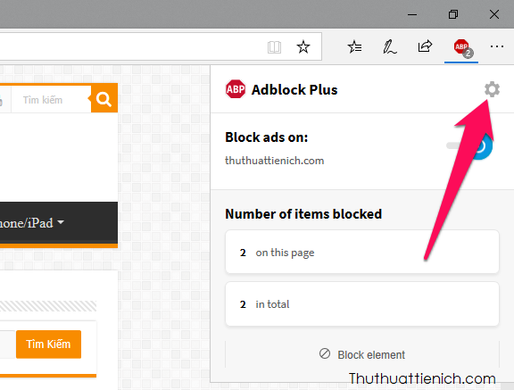 Nhấn chuột vào biểu tượng AdBlock Plus, nhấn tiếp vào nút bánh răng