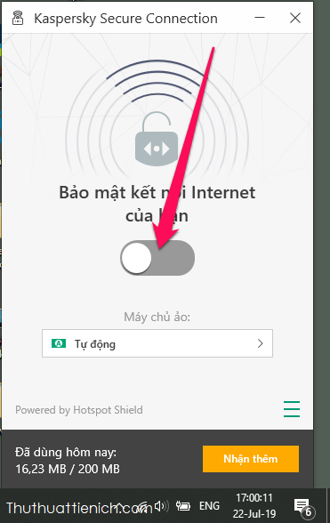 Nhấn nút công tắc để bật/tắt Kaspersky VPN