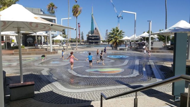 Water park with misters running, Elizabeth Quay, Perth, Western Australia