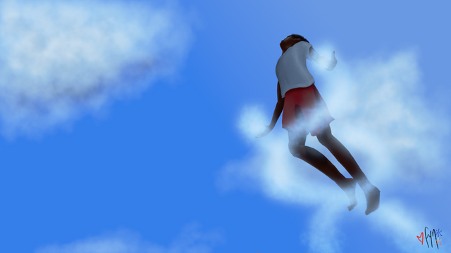 boy flying through clouds