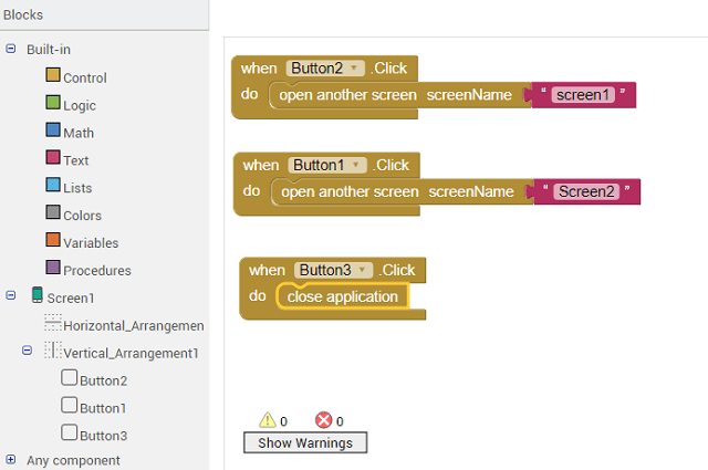 blocks to create Home Exit Next buttons in Thunkable