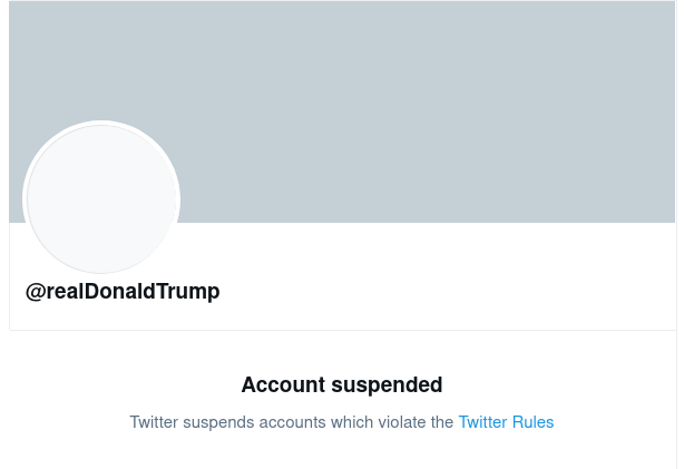 Screenshot of suspended account realDonaldTrump on Twitter 2020-01-09. Public Domain.