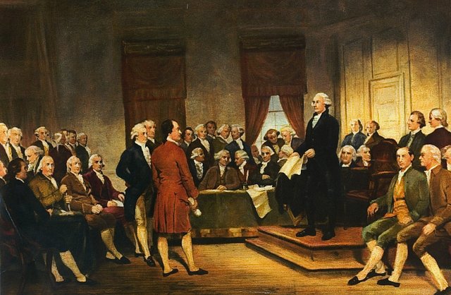 Washington at Constitutional Convention of 1787, signing of U.S. Constitution. Painting by Junius Brutus Stearns. Public Domain.