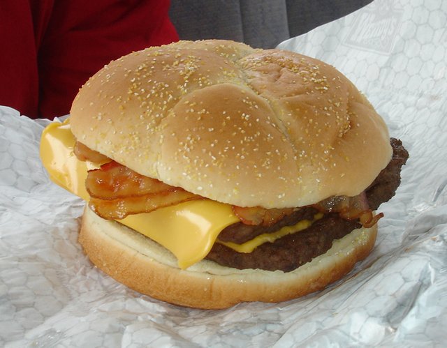 Wendy's Baconator.  Photo by  KForce. GNU Free Documentation License.