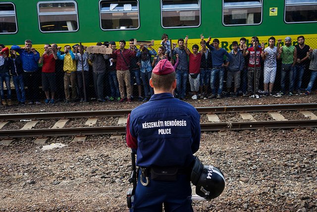 Syrian refugees strike at the platform of Budapest Keleti railway station. Refugee crisis. Budapest, Hungary, Central Europe, 4 September 2015. (3)