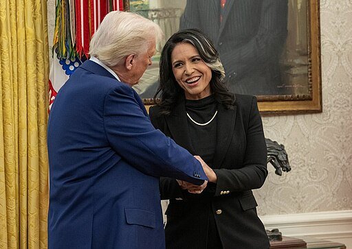 President Donald Trump with Director Tulsi Gabbard in the Oval Office in Feb 2025February 2025 (cropped)