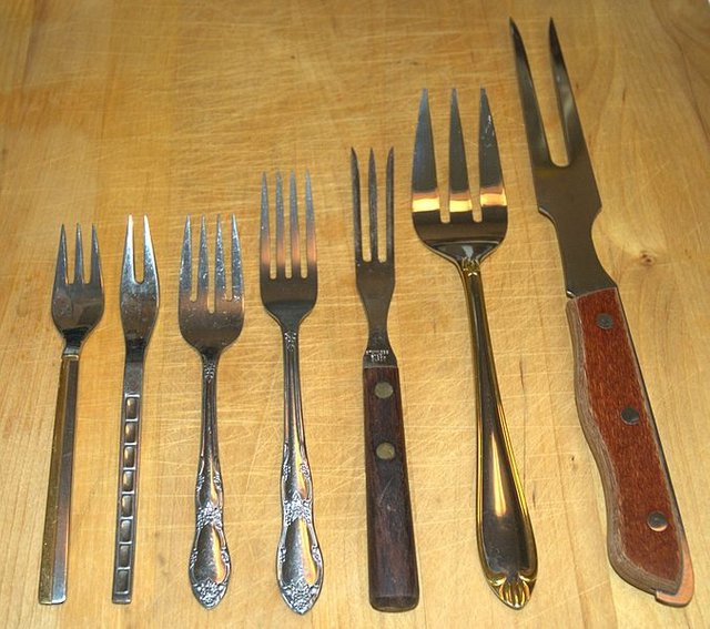 Assorted forks, source https://commons.wikimedia.org/wiki/File:Assorted_forks.jpg, CC BY-SA 3.0 us, Photo by Mark A. Taff. See www.MarkTaff.com