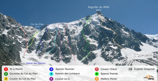 Some of the routes on the north face.