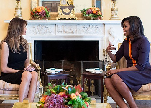 First Lady Michelle Obama meets with Melania Trump for tea in the Yellow Oval Room of the White House, Nov. 10, 2016. (Official White House Photo by Chuck Kennedy -- public domain)