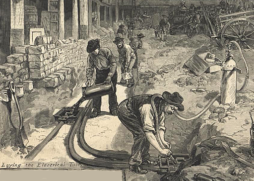Laying the electrical Tubes electric lines under street Edison Pearl Street Utility June 21 1882 Harpers Weekly - detail