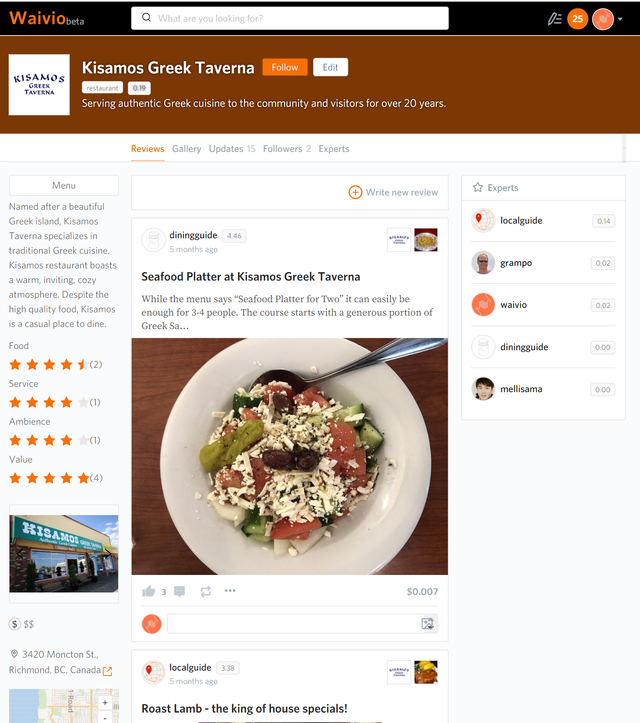 Example of a restaurant listing on Waivio