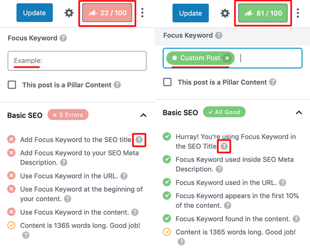 SEO Keyword Score in Quick Stare Custom Posts