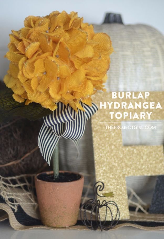 Best Crafts for Fall - Burlap Hydrangea Topiary - DIY Mason Jar Ideas, Dollar Store Crafts, Rustic Pumpkin Ideas, Wreaths, Candles and Wall Art, Centerpieces, Wedding Decorations, Homemade Gifts, Craft Projects with Leaves, Flowers and Burlap, Painted Art, Candles and Luminaries for Cool Home Decor - Quick and Easy Projects With Step by Step Tutorials and Instructions http://diyjoy.com/best-crafts-for-fall