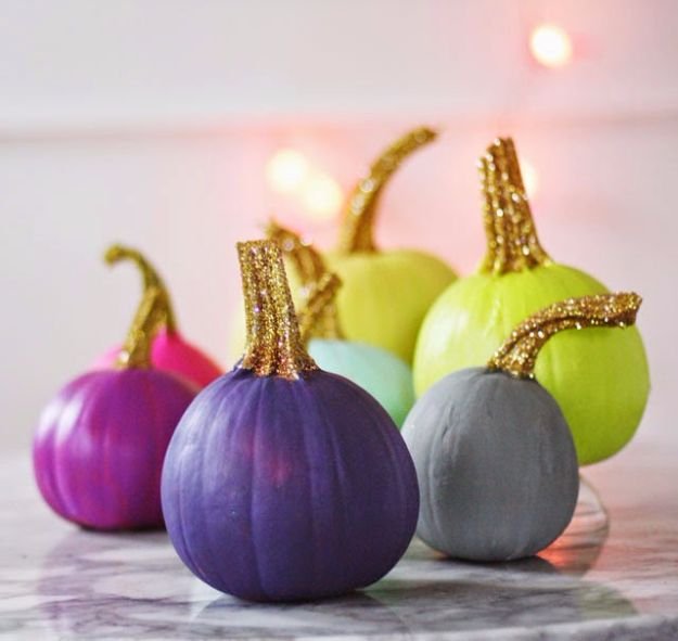 Painted Pumpkins With Glittered Stems