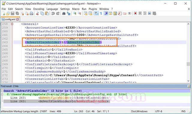 Trong giao diện Notepad++, nhấn Ctrl+F để tìm từ khóa "AdvertPlaceholder".