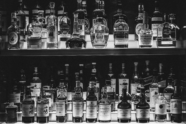 Black and white photography Liquor shelf