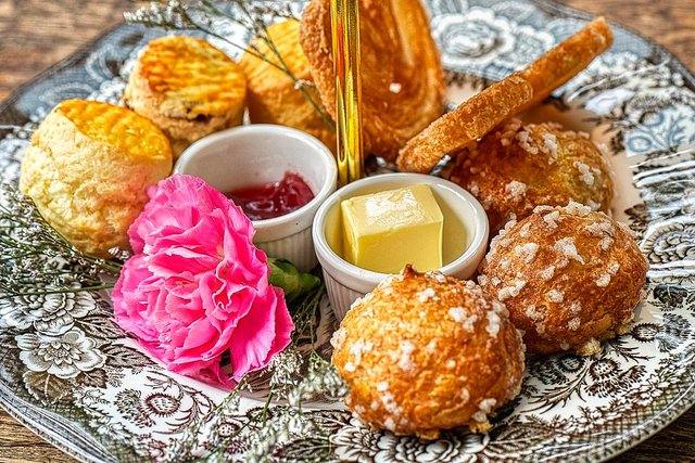 mini scones with jam and butter, palmiers, Chouquette