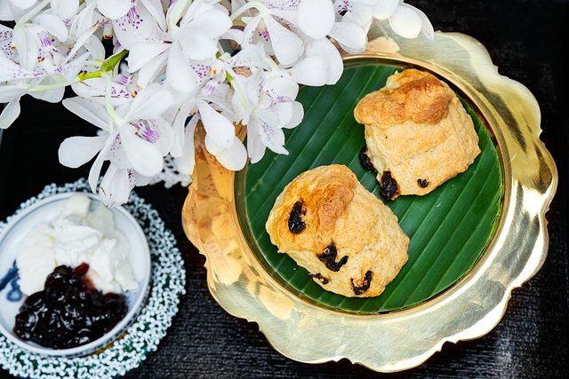 raisin scones with clotted cream and jam