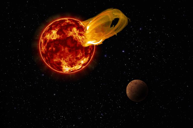 An artist's impression of a flare from Proxima Centauri, modeled after the loops of glowing hot gas seen in the largest solar flares, with the exoplanet Proxima b in the foreground. Image Credit: Roberto Molar Candanosa / Carnegie Institution for Science, NASA/SDO, NASA/JPL