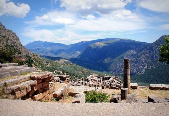 The ruins in the archaeological site of Delphi in Greece