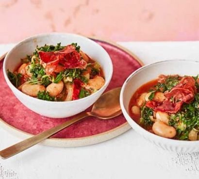 Prosciuttoi with kale and butter bean stew