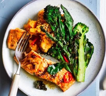 Sesame salmon, purple sprouting broccoli & sweet potato mash