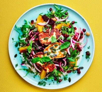 Beetroot, halloumi salad on a plate