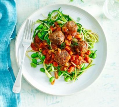 A plate of courgetti topped with meatballs, fennel and beans in a balsamic tomato sauce