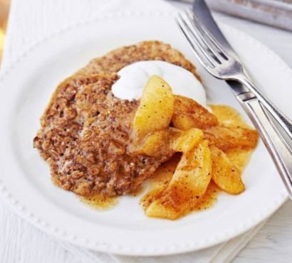 Spiced oatmeal fritters with coconut caramel pears