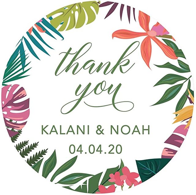 Andaz Press Personalized Tropical Palm Leaves Round Circle Label Stickers, 2-inch, Classic Green and Coral, Thank You, Kalani & Noah 04.04.20, 40-Pack, Custom Name Photo